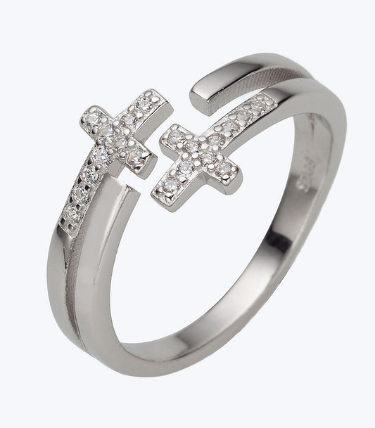 Fancy CZ Double Cross Ladies Ring - SSRG 389
