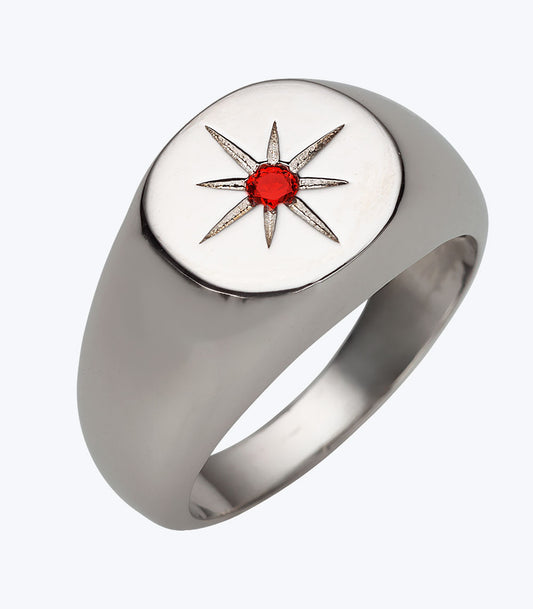 Gents Ring with Shield Star Design and Red Cubic Stone