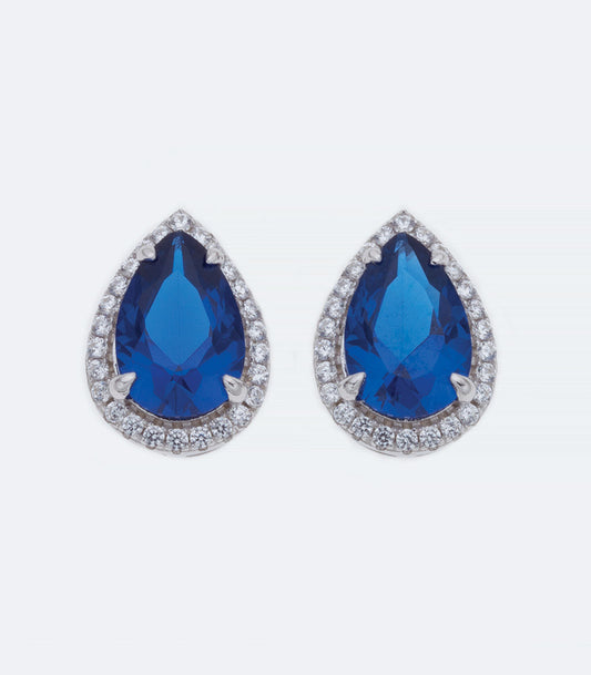 Blue CZ Tear Drop with Clear Pave Border Silver Earrings - 338