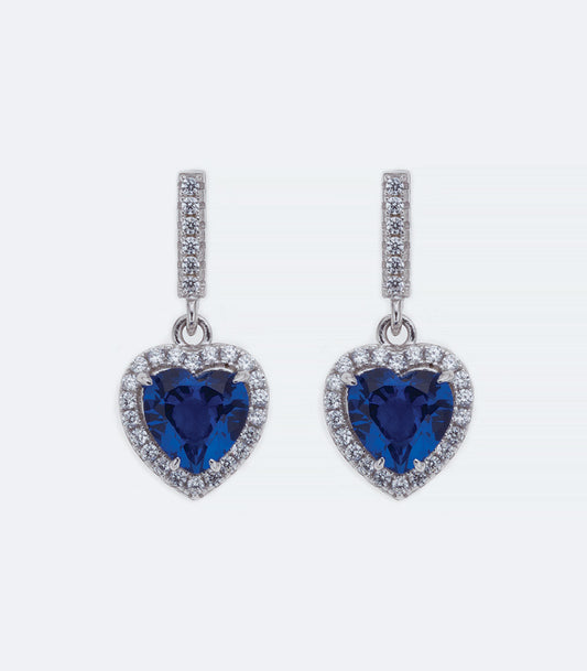 Blue CZ Heart with Clear Pave Border Silver Earrings - 339