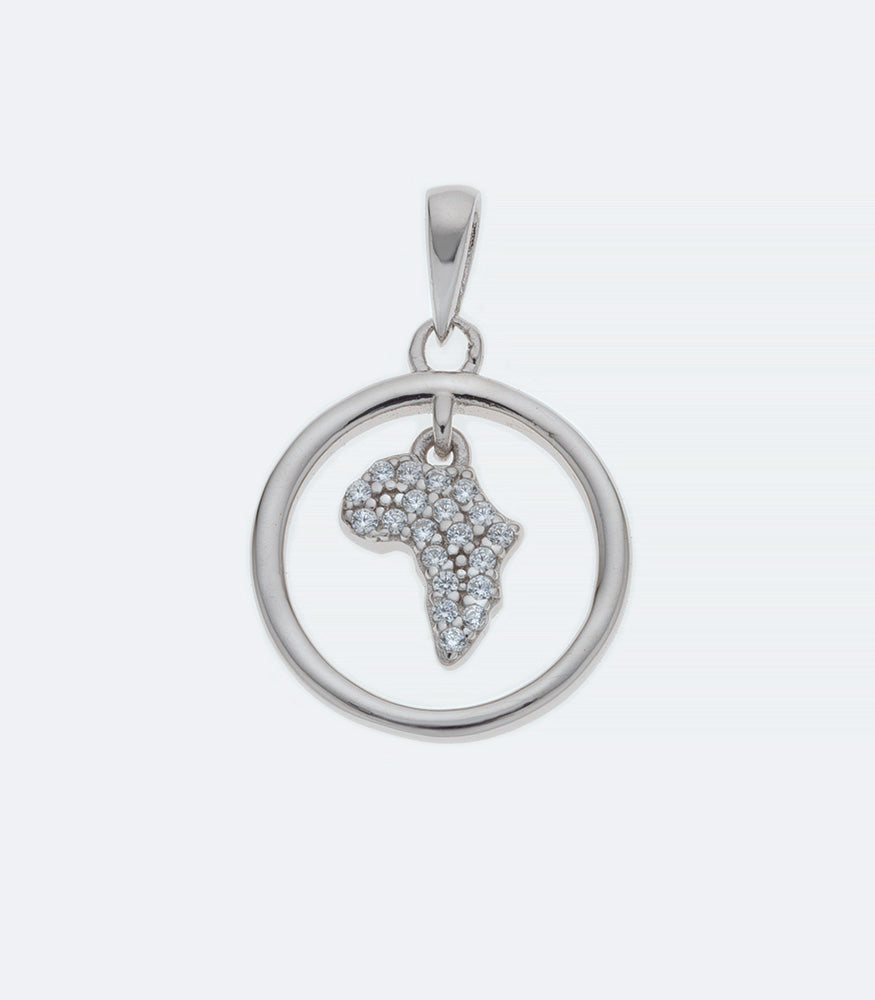 Map of Africa in Circle Clear CZ Silver Pendant - SSPD 284
