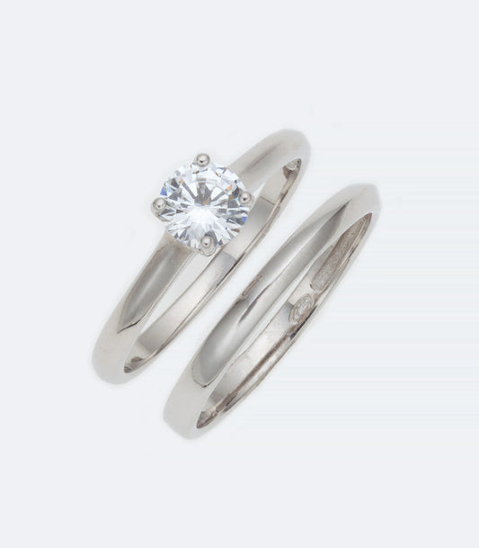 Single CZ Wedding Silver Ring Set - 354