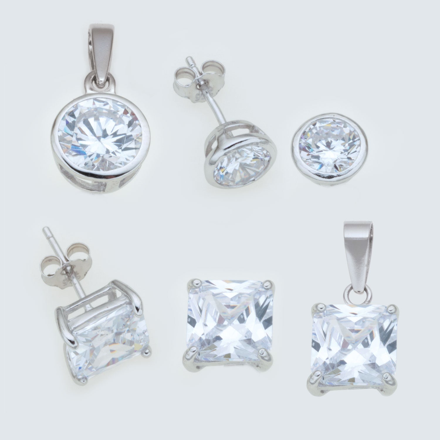 Sterling Silver Cubic Stud Earring & Pendant Sets