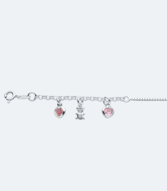 Bear and Pink Cubic Zirconia Hearts Anklet - SSAK 121