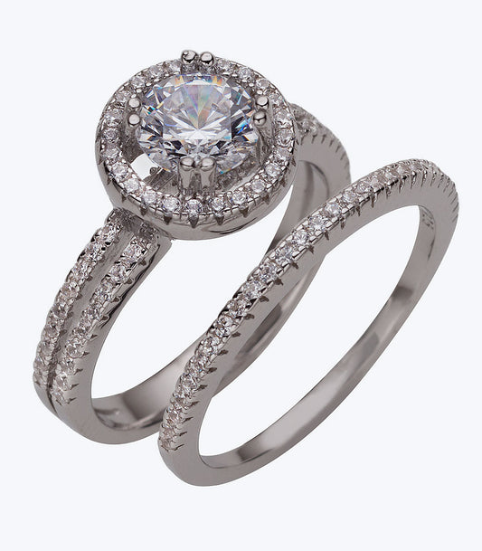 Solitaire with CZ Border and Eternity Band CZ Wedding Set Ladies Ring