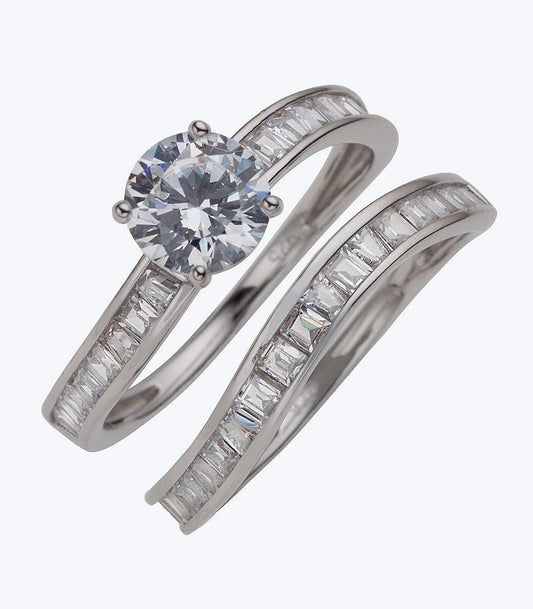 Solitaire with Wave Eternity Band CZ Wedding Set Ladies Ring