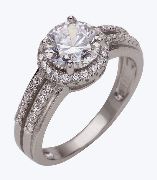 Solitaire with CZ Border and Double Eternity Band CZ Ladies Ring