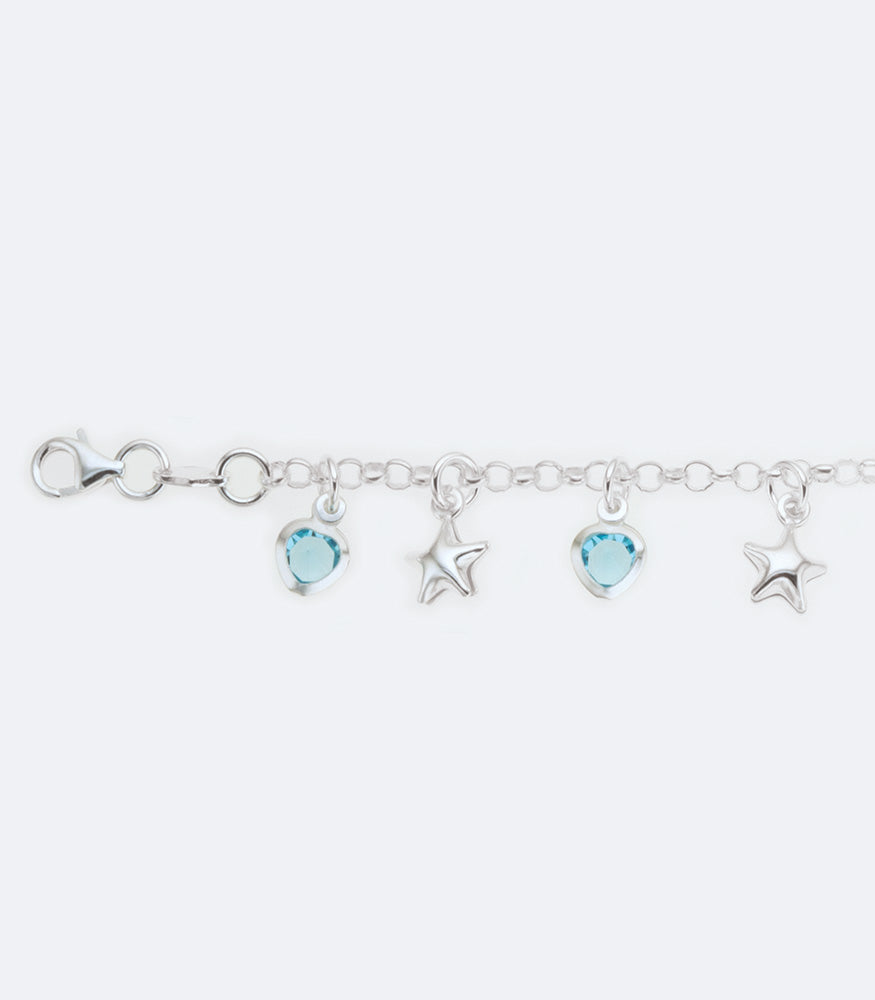 Sterling Silver Anklet With Hanging Stars and Hearts