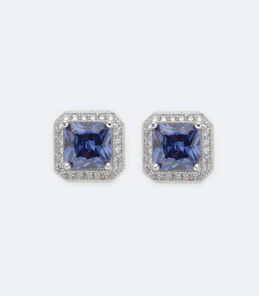 Square Cubic Zirconia Micro Setting Earrings With Tanzanite