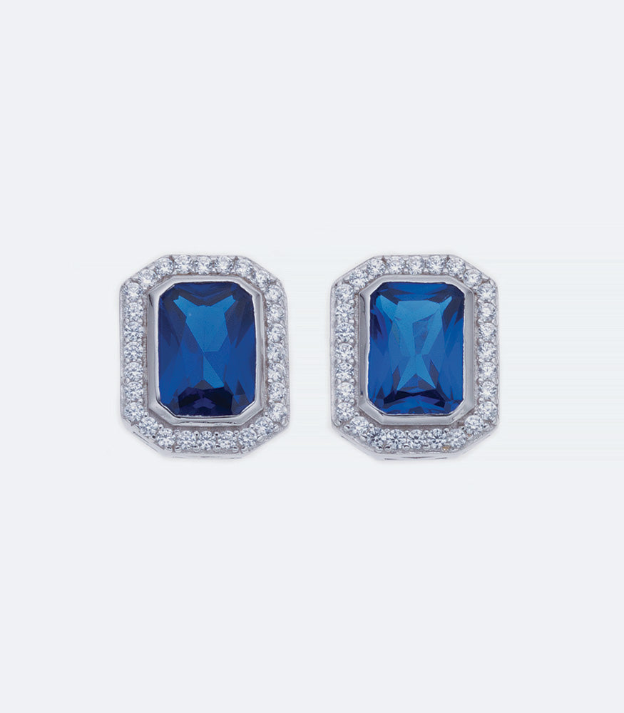 Blue with Clear Pave Border CZ Silver Earrings - 336