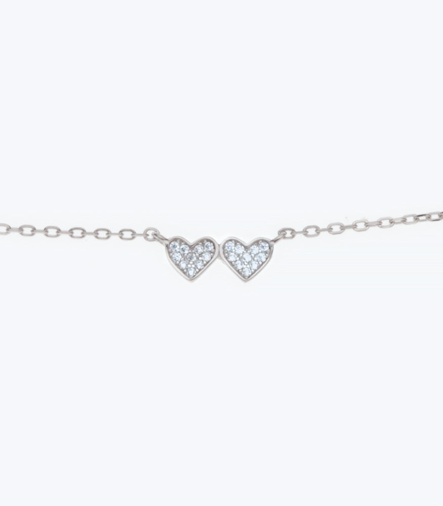 Double Heart CZ Silver Necklace - 41cm