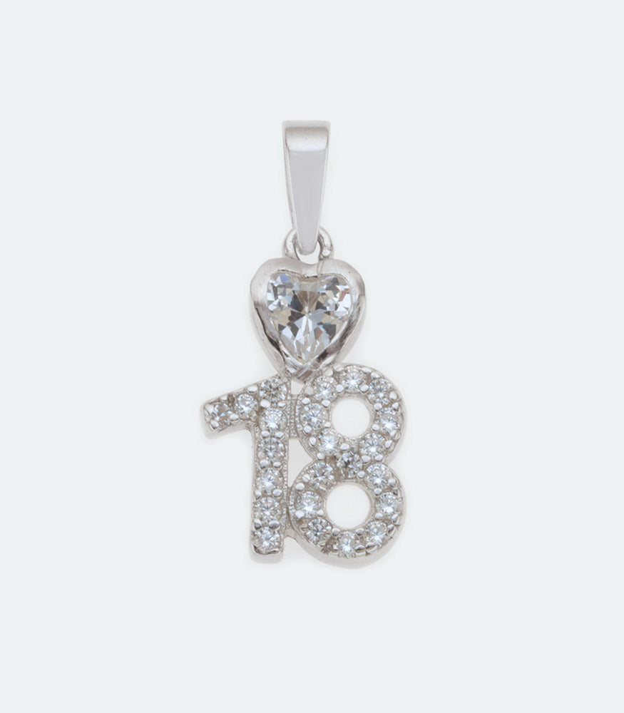 Number 18  Heart Sterling Silver Pendant With Clear Cubic Zirconia