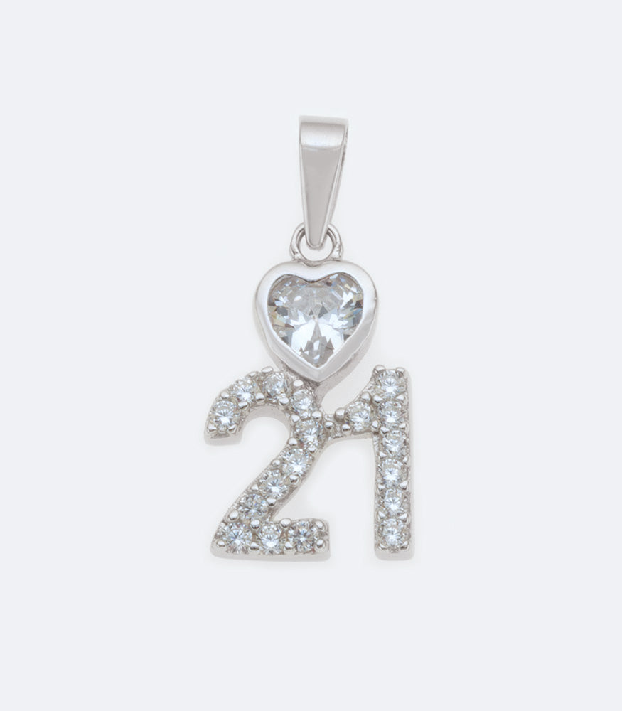 Number 21  Heart Sterling Silver Pendant With Clear Cubic Zirconia