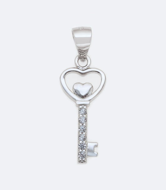 Key - Heart Sterling Silver Pendant With Cubic Zirconia