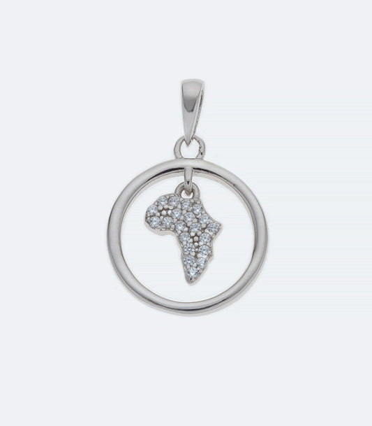 Map of Africa in Circle Clear CZ Silver Pendant - 284